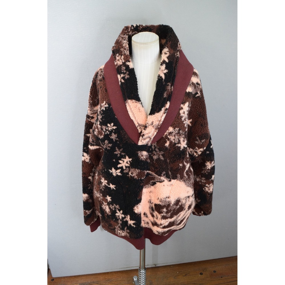 Free People Fleece XS Rosie Printed Sherpa Jacket Brown Pink Floral Shawl Collar